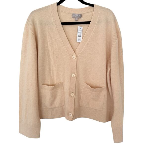 J.Crew 100% Cashmere Cardigan Sweater Beige Front Pockets Medium NWT - Picture 2 of 7